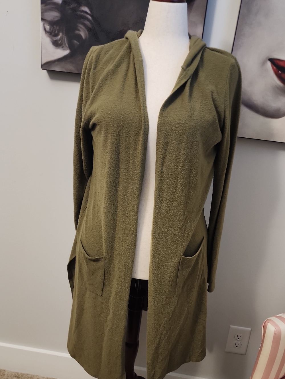 Well Loved Hooded Open-Front Olive Women's Cardigan Sweater L